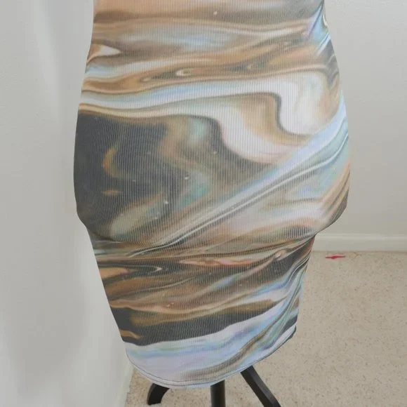 Pretty Little Thing Blue Brown Green Marble Design Size 4 Sleeveless Mini Dress - Picture 8 of 11